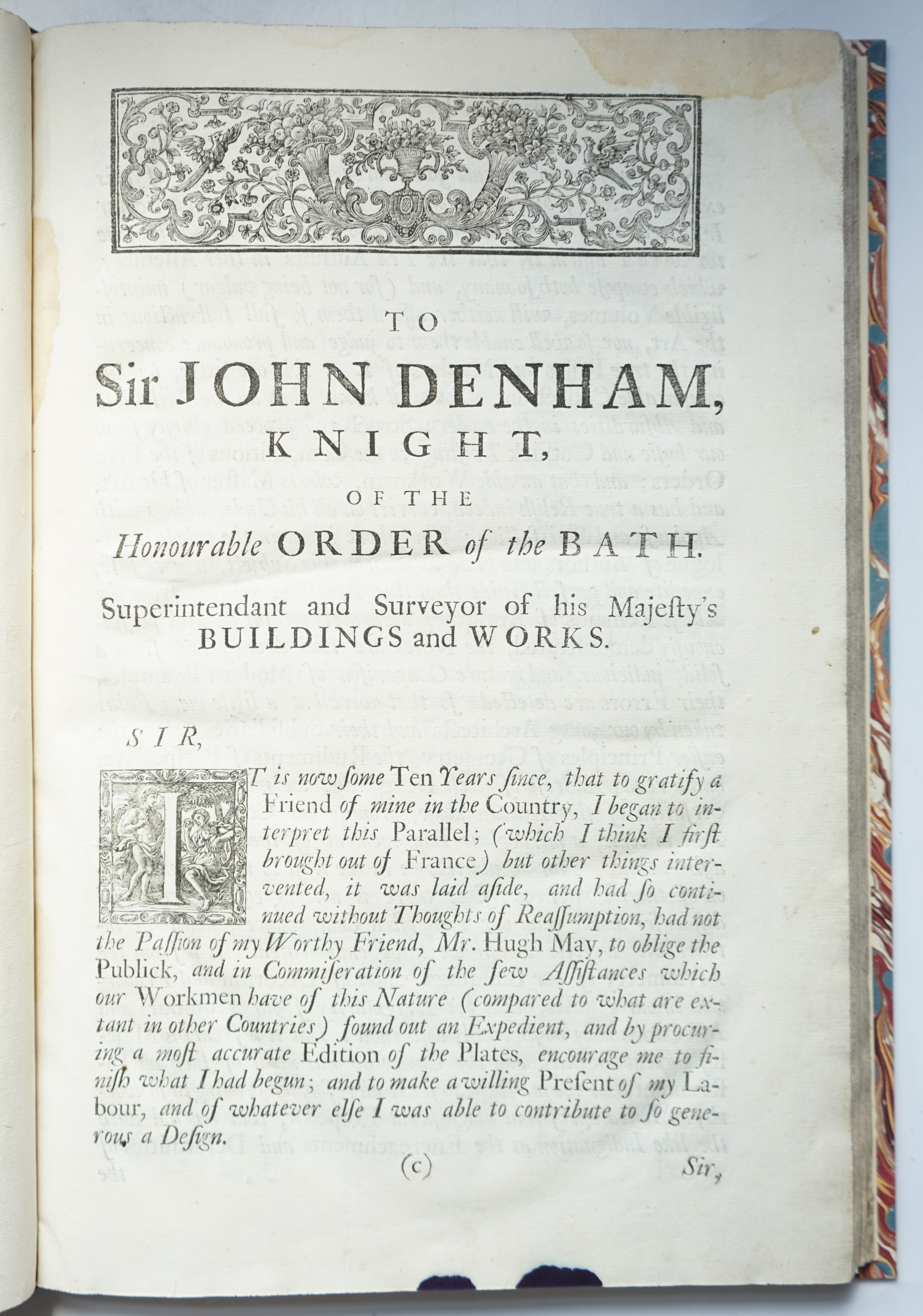 Freart de Chambray, Roland - A Parallel of the Ancient Architecture with the Modern, translated by John Evelyn, with the edition of the Elements of Architecture collected by Sir Henry Wotton, folio, rebound quarter moroc